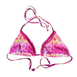 OP Pink and Yellow Sequin Butterfly Triangle Bikini Top Size Small